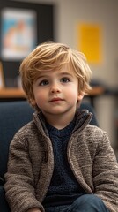 A young boy with blond hair sits and looks upward, thoughtfully.  He's wearing a textured jacket