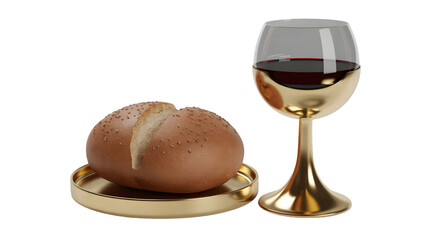 Image of bread and wine in a gold dish and gold wine glass on a black background.