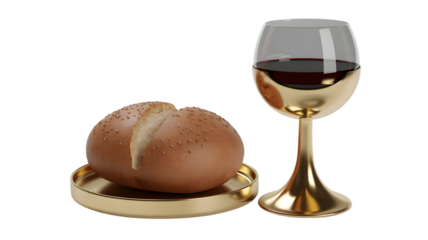 Image of bread and wine in a gold dish and gold wine glass on a black background.