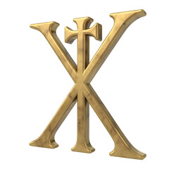 Golden Chi Rho symbol, a Christian symbol, set against a black background.