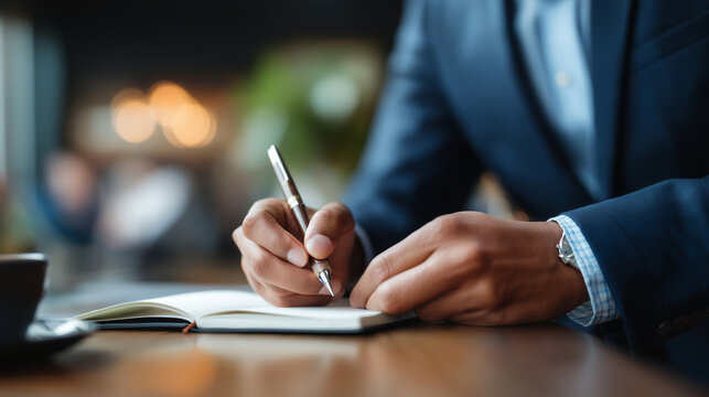 Young faceless businessman writing in notebook looking at colleague modern office setting professional note taking business discussion corporate workspace teamwork session