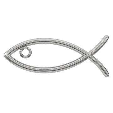 A silver Christian fish symbol on a black background.