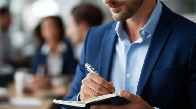 Young faceless businessman writing in notebook looking at colleague modern office setting professional note taking business discussion corporate workspace teamwork session