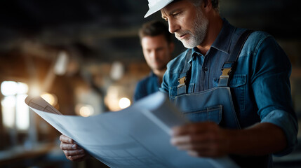 Carpenter team with blueprint faceless father and son planning project construction architecture apprentice mentor with design drawing workshop training professional skill