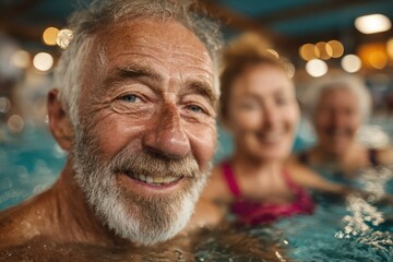 Happy Senior Man in Aqua-Gym Class Looking at Camera