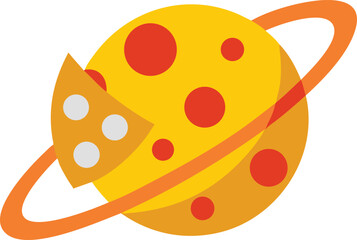 Stylized planetary body resembling a vibrant yellow cheese with red spots and a distinct, orbiting orange ring, featuring a wedge-shaped bite revealing white holes, rendered as a playful graphic icon.