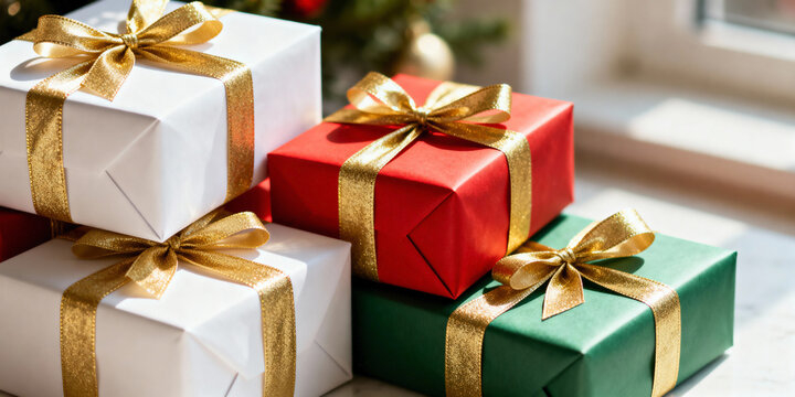 Festively wrapped Christmas presents in red, green, and white with gold ribbons. Holiday gift boxes stacked in bright sunlight for a celebration - Powered by Adobe