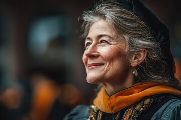 Happy Mature Person in Graduation Cap and Gown