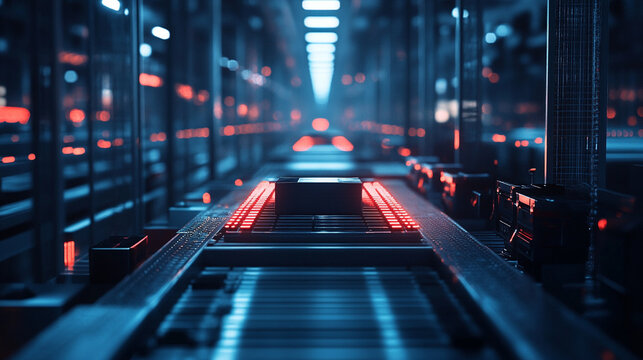 Factory automation concept showing robotic arms, conveyor systems, and digital controls representing industrial efficiency, smart manufacturing, modern technology, and futuristic production processes