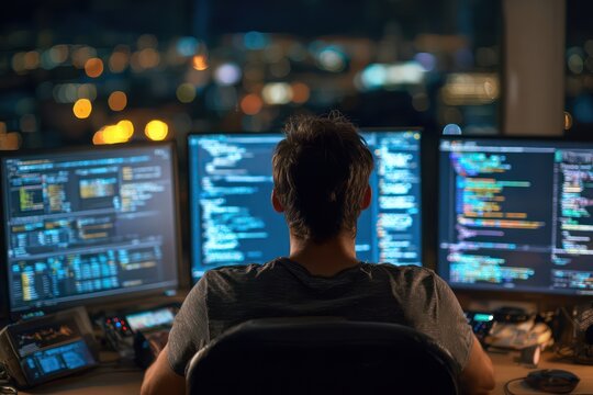 Dedicated Programmer Surrounded by Technology at Night