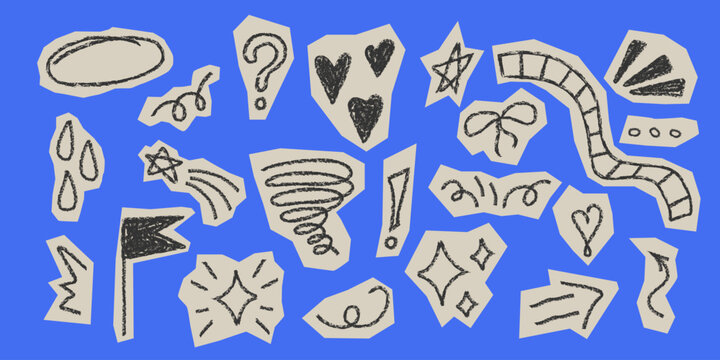 Hand drawn crayon doodle elements set. Torn paper collage stickers vector. Creative scrapbook doodles. Expressive scribble marks collection. Heart spark bow drop arrow star shapes