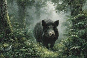 Plump Black Pig Standing in a Misty Forest Setting