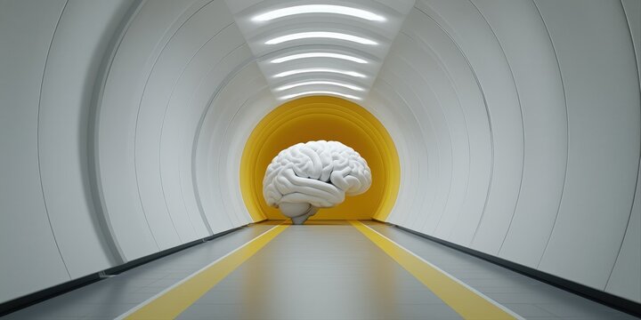 Futuristic tunnel with giant brain sculpture in minimalist yellow and white design