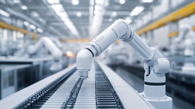 Factory automation concept showing robotic arms, conveyor systems, and digital controls representing industrial efficiency, smart manufacturing, modern technology, and futuristic production processes