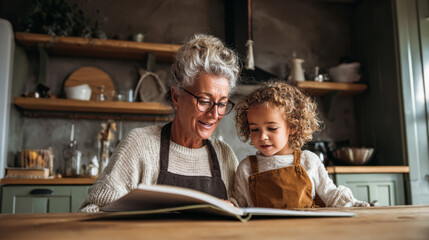 Happy grandmother reading a book with granddaughter in cozy kitchen