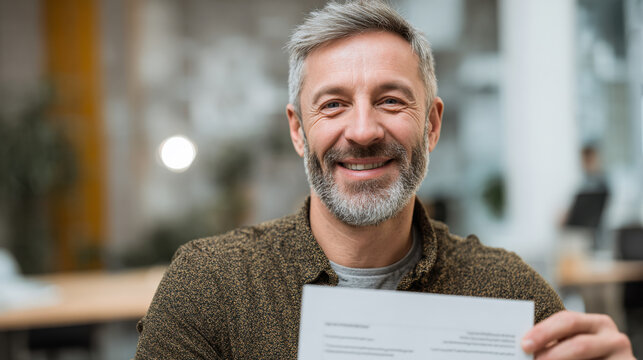 Confident middle-aged man smiling and holding document in modern office - Powered by Adobe