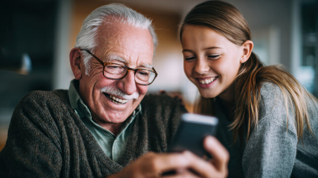 Grandfather and granddaughter smiling at smartphone, concept of family connection and technology