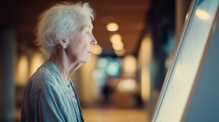 Elderly woman using digital touchscreen kiosk in modern indoor setting