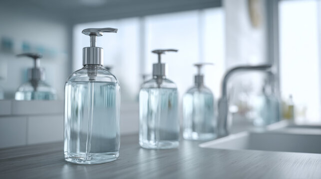 Transparent soap dispenser bottles in bright modern bathroom, concept of hygiene and minimal design