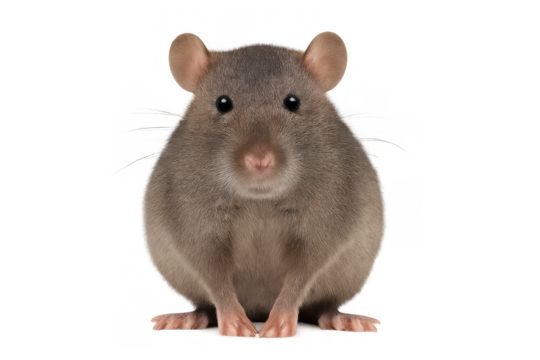Brown pet rat or mouse standing on hind legs, facing front, looking straight ahead, transparent background