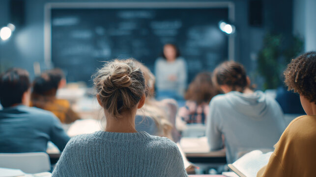 University students attending classroom lecture from back view