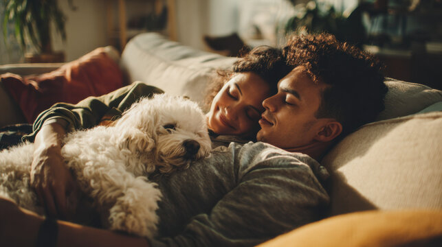 Young couple cuddling with fluffy dog while napping on couch at home
