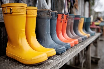 Rainy Day Readiness: Rubber Boots on Wood Bench