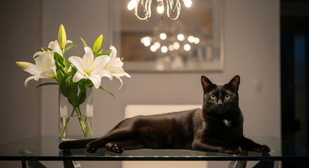 cat on table with flower vase