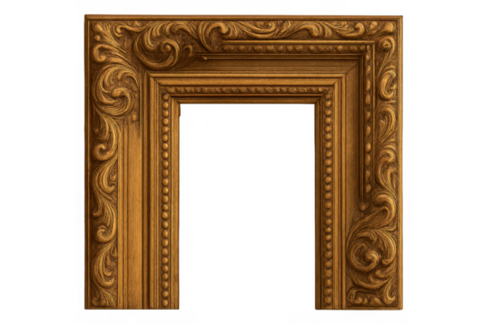 Ornate gold carved picture frame with baroque rococo style detailing ready for custom integration on transparent background