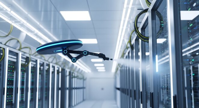 3D visualization of an automatic cleaning drone operating in a modern server room or data center