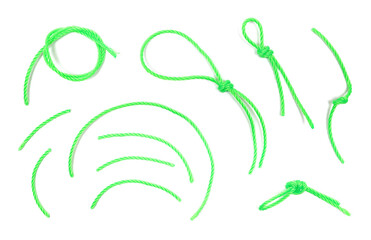 String, set green synthetic rope isolated on white, top view