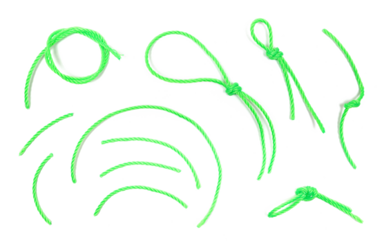 String, set green synthetic rope isolated on white, top view