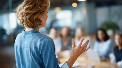 Coaching session focused on personal growth natural light illuminating workspace faceless mentor gesturing encouragingly defocused office interior background professional