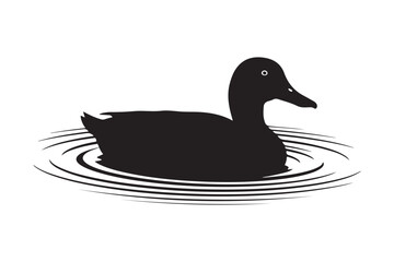 Black silhouette of a duck swimming on rippling water