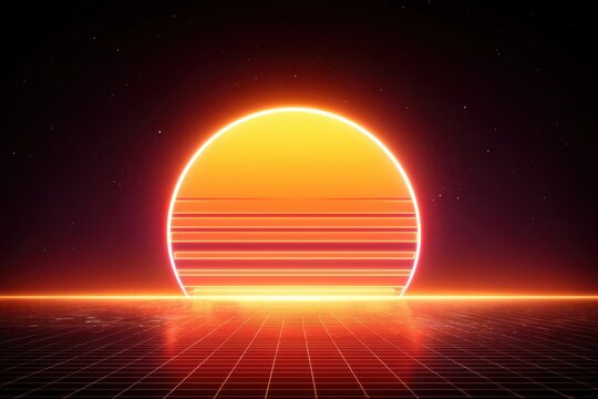 Vibrant retro sunset with glowing stripes