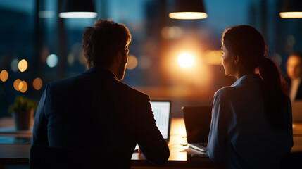 Two faceless professionals collaborating on business strategy modern office lighting mentor and trainee at desk defocused contemporary corporate office background professional
