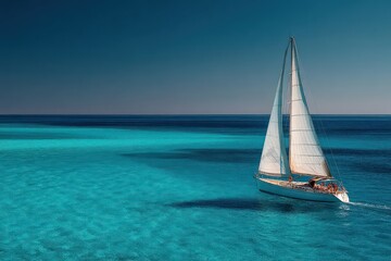 Fototapeta premium Sailing Boat Cruising Smoothly on Clear Turquoise Ocean