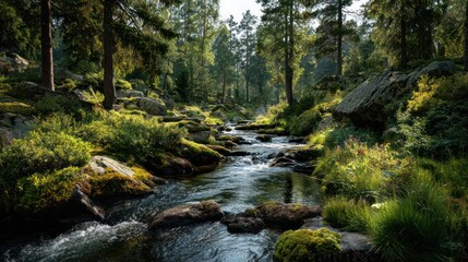 Obraz premium Natural Stream Scene with Mossy Rocks and Wild Vegetation