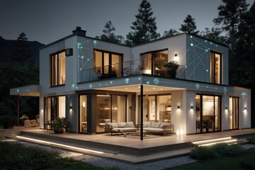Glowing Digital Infographic on Smart Home Security at Night