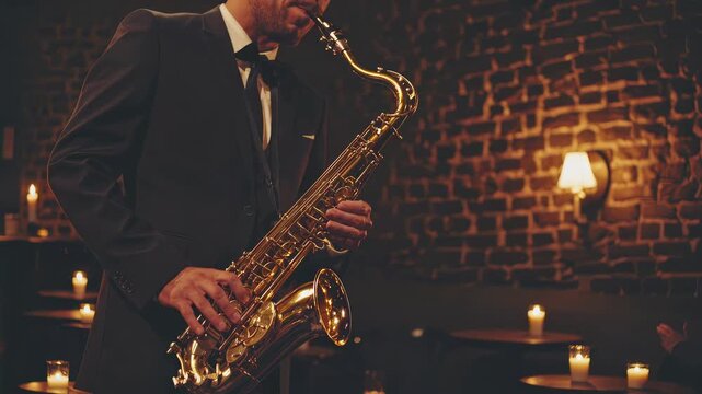 This captivating video showcases a talented saxophonist performing in a cozy, dimly lit jazz bar. The warm ambiance, complemented by soft candlelight, creates an intimate atmosphere perfect for enjoyi
