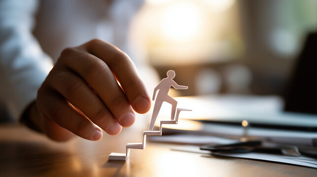 Hands supporting paper cutout figure climbing stairs business desk scene with defocused background success metaphor mentorship support concept professional development - Powered by Adobe