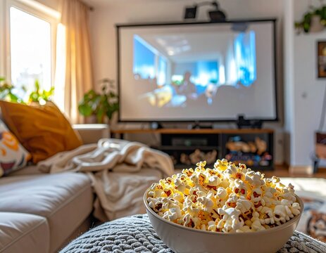 Home videos evening setup with popcorn and modern TV, cozy living room scene for movie night, streaming and family entertainment at home.