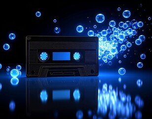 Fototapeta premium Vintage audiocassette in close view, detailed look at classic analog music tape for retro, nostalgia and old audio technology themes.