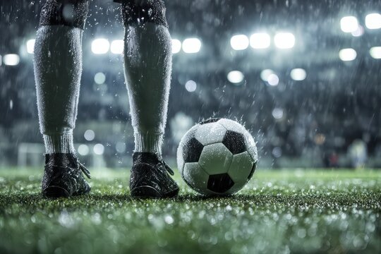 Soccer Player Legs Near Wet Ball on Green Grass