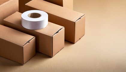 unpacked brown corrugated cardboard boxes and white tape roll on beige surface