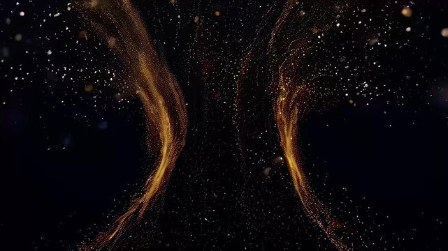 This mesmerizing video features swirling golden particles that create a stunning visual effect against a deep black backdrop. The captivating movements evoke a sense of cosmic mystery and elegance, in