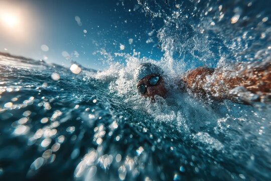 Athlete in Open Water: Crawl Stroke on Sunny Blue Ocean