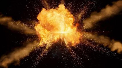 This thrilling video captures a spectacular explosion, radiating fiery orange and yellow hues against a dark backdrop. The dynamic energy and vivid particles evoke a powerful sense of excitement and d