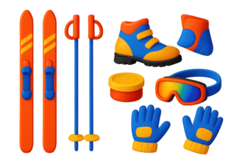 Nordic Ski Gear Icons. 3D icon set of nordic skiing gear: cross-country skis, ski poles, binding boots, wax tin, goggles, ski