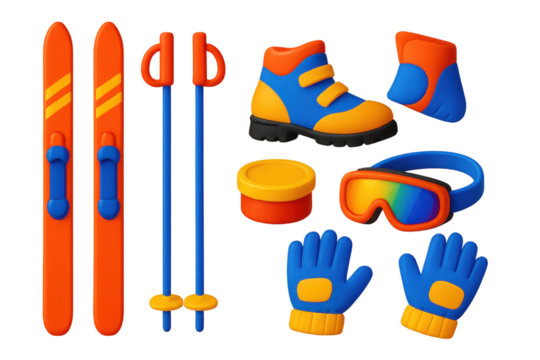 Nordic Ski Gear Icons. 3D icon set of nordic skiing gear: cross-country skis, ski poles, binding boots, wax tin, goggles, ski